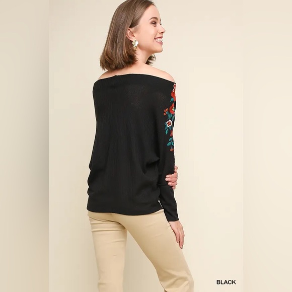 UMGEE Floral Embroidered Off-Shoulder Black Sweater - Picture 2 of 3